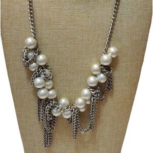 J. Crew Silver Tone Faux Pearl Cluster Fringe Statement Necklace Adjustable 20in
